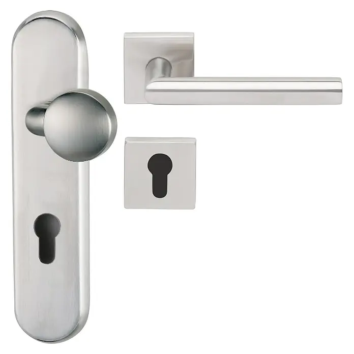 Diamond Doors Schutzbeschlag Warrior ES1 - Einsatzbereich: Wohnungsabschlusstür, Edelstahl matt, Knopf außen, Drücker innen, Stärke Tür: 35 mm - 45 mm - Türbeschlag-Set mit Rosette, Knauf und Vierkantgriff in Edelstahl-Optik für moderne Innentüren. Stilvolles Design für jedes Zuhause.