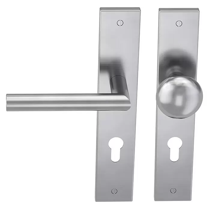 Diamond Doors Modern Wechselgarnitur Iowa - Stärke Tür: 38 mm - 45 mm, Edelstahl matt, DIN Anschlag: Links - Zwei Türgriffe aus gebürstetem Edelstahl: ein Drücker und ein Knauf, beide mit passenden rechteckigen Langschildern und Schlüsselloch.