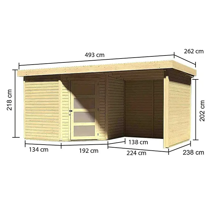 Karibu Gartenhaus Schwandorf 5 - Außenmaß inkl. Dachüberstand (B x T): 492,5 x 262 cm, Holz, Natur, Mit Anbaudach, Seiten- und Rückwand - Ansicht des Holzschuppens mit allen Maßangaben in Zentimetern.
