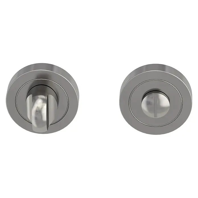 Diamond Doors Schlüsselschild - Durchmesser Rosette: 51 mm, Schlitzkopf/Olive, Samtgrau - Nahaufnahme von zwei modernen, runden Türknöpfen in Silber, die ein schlichtes und elegantes Design für Innentüren zeigen.