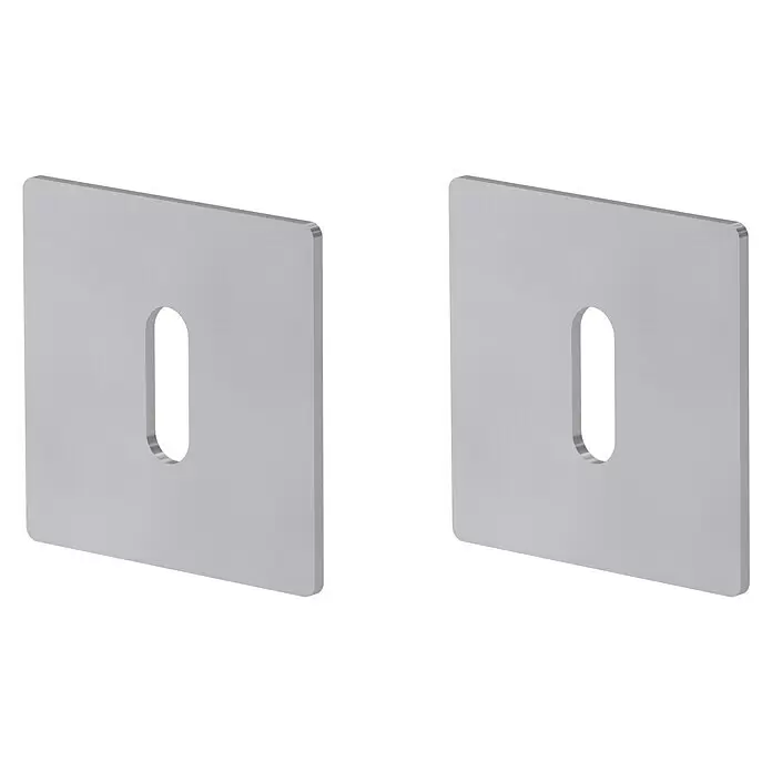 Diamond Doors Design Schlüsselschild - Buntbart, Edelstahl matt - Zwei silberne quadratische Metallplatten mit Langlöchern.