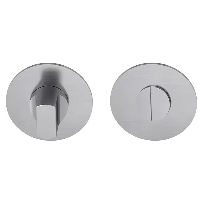 Diamond Doors Design Schlüsselschild - Durchmesser Rosette: 54 mm, Schlitzkopf/Olive, Edelstahl matt, Rund - Zwei gebürstete Metall-WC-Verriegelungen: eine mit Drehknopf, die andere mit Notentriegelungsschlitz.