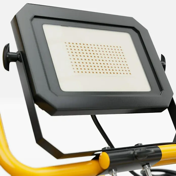 Profi Depot LED-Strahler - 30 W, 4.950 lm, 4.000 K, L x B x H: 22,9 x 29 x 35,4 cm, IP65 - Nahaufnahme einer LED-Baustellenleuchte mit schwarzem Rahmen und gelbem Stativ, ideal für Innen- und Außenbereiche.