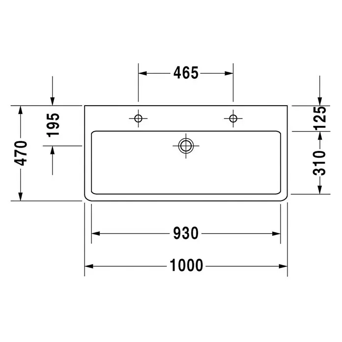 Duravit Vero Doppelwaschtisch - 120 x 47 cm, Ohne Spezialglasur, Hahnloch: Mitte, Mit Überlauf, Weiß, Ungeschliffen - Detaillierte technische Zeichnung eines rechteckigen Waschbeckens mit allen Maßangaben für die Installation.