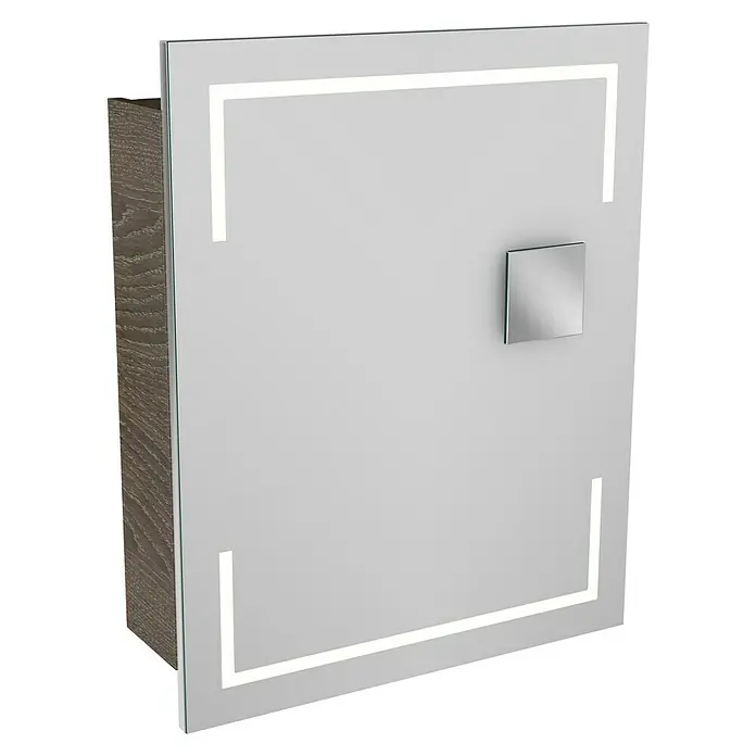 Lanzet K1 Badmöbel-Set K16E2L - Gesamtbreite Badmöbel: 59,2 cm, Eiche Maron, DIN Anschlag: Links - Ein quadratischer Spiegelschrank mit LED-Beleuchtung und einem modernen, quadratischen Griff. Ideal für jedes Badezimmer.