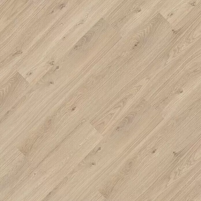 Vinylbodenmuster Rigid Eiche Crema - 297 x 180 x 3,5 mm, Landhausdiele - Heller Holzplankenboden mit natürlicher Maserung und Ästen, diagonal verlegt.