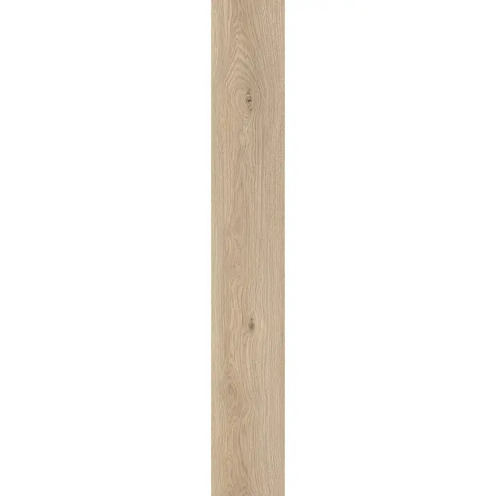 Vinylbodenmuster Rigid Eiche Crema - 297 x 180 x 3,5 mm, Landhausdiele - Detailaufnahme einer hellen Holzplanke mit markanten Maserungen und Astlöchern, ideal für rustikale Inneneinrichtungen oder als natürliche Textur.