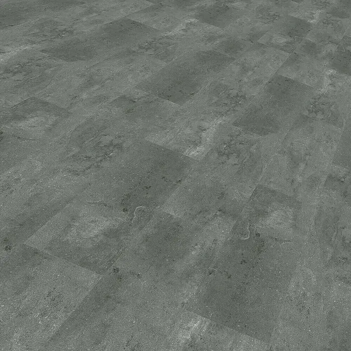 Vinylboden Rigid Fliese Concrete - Concrete Grey, Fliese, 812 x 406 x 4 mm - Ein Bild von dunklen Bodenfliesen, die ein elegantes und modernes Design aufweisen. Die Fliesen sind rechteckig und scheinen aus Stein zu sein.