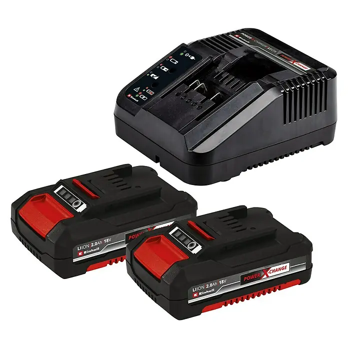 Einhell PXC 18V Taladro atornillador de batería TE-CD18/45 - 18 V, 2 baterías, 2 Ah, 45 Nm - Primer plano de dos baterías Einhell Power X-Change con un cargador. Ideal para cargar baterías de herramientas eléctricas.