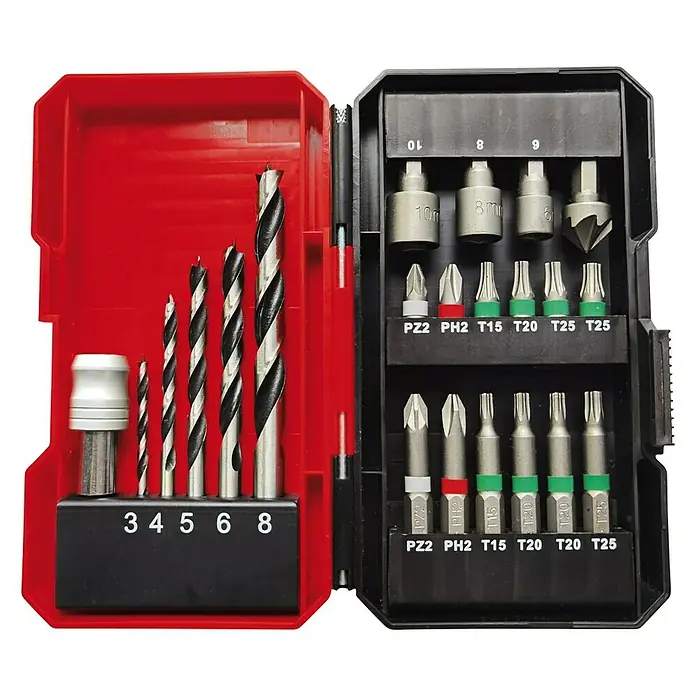 Einhell PXC 18V Taladro atornillador de batería TE-CD18/45 - 18 V, 2 baterías, 2 Ah, 45 Nm - Una caja de herramientas abierta que muestra una variedad de brocas, puntas de destornillador y vasos de diferentes tamaños.