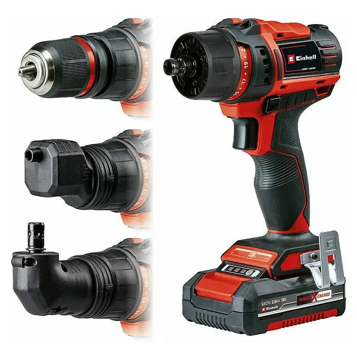 Einhell PXC 18V Taladro atornillador de batería TE-CD18/45 - 18 V, 2 baterías, 2 Ah, 45 Nm - Se muestra un taladro inalámbrico Einhell con diferentes accesorios y batería Power X-Change de 18V para aplicaciones versátiles.