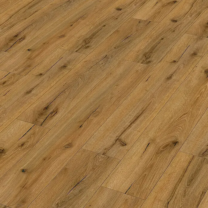 Vinylbodenmuster Rigid Eiche Smoke297 x 180 x 3,5 mm, Landhausdiele - Ein warmes, detailreiches Bild von Holzlaminatboden, das die natürliche Maserung und Farbnuancen des Materials hervorhebt.