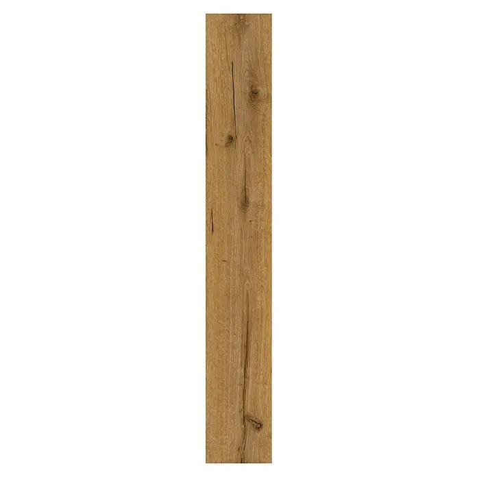 Vinylbodenmuster Rigid Eiche Smoke297 x 180 x 3,5 mm, Landhausdiele - Detailaufnahme eines Holzes mit markanter Maserung und natürlichen Astlöchern, ideal für rustikale Designprojekte.