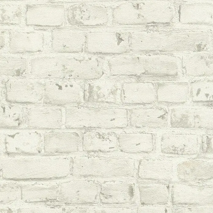 Rasch Vliestapete - Grau/Weiß, Steinoptik, 10,05 x 0,53 m - Nahaufnahme einer weißen Ziegelwand mit rustikalem Charme, ideal für eine Vielzahl von Dekorationsprojekten und zur Schaffung eines Vintage-Looks.
