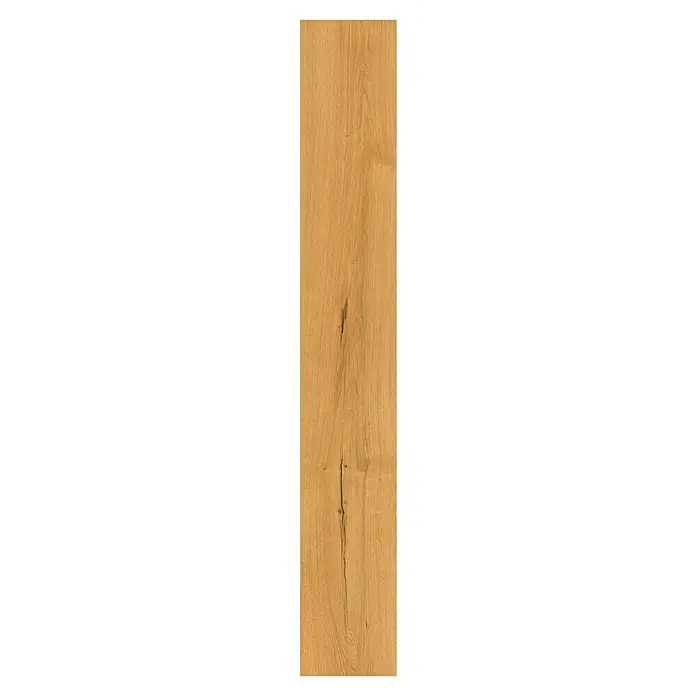Vinylboden Rigid - Eiche Pure, Landhausdiele, 1.220 x 180 x 3,5 mm - Detailaufnahme einer einzelnen Eichenholzdiele, die die natürliche Maserung und Textur des Holzes hervorhebt. Die Diele zeigt warme Farbtöne und charakteristische Astlöcher.