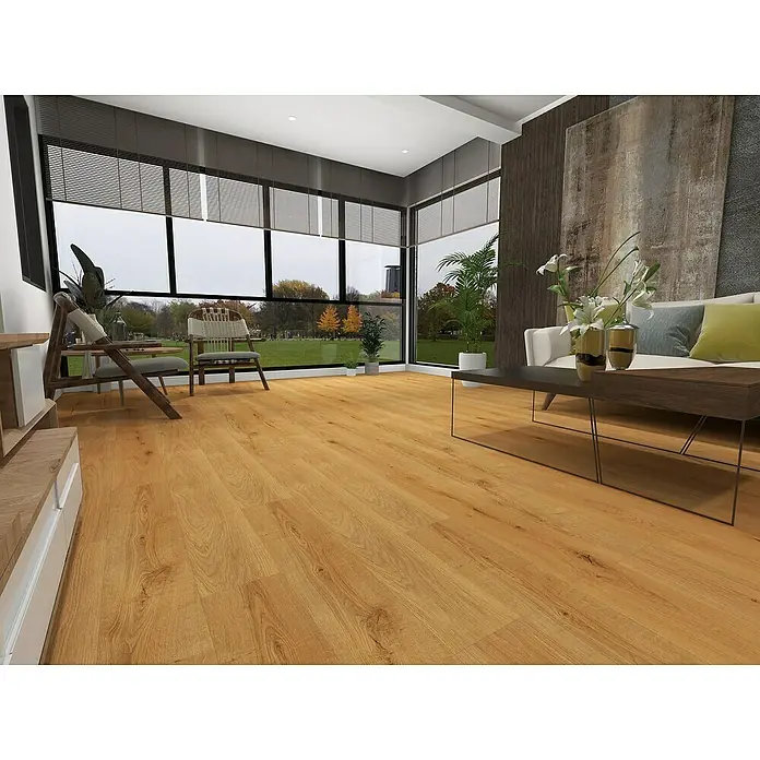 Vinylboden Rigid - Eiche Pure, Landhausdiele, 1.220 x 180 x 3,5 mm - Diese Aufnahme zeigt einen hellen, einladenden Raum mit einem modernen Holzboden, der Wärme und Stil ausstrahlt.
