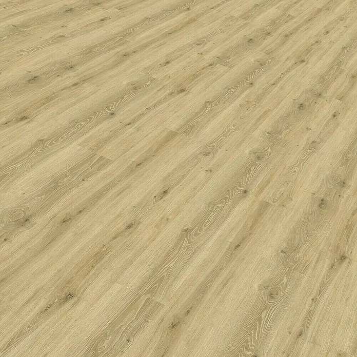 Vinylbodenmuster Rigid Eiche Rustik - 297 x 180 x 3,5 mm, Landhausdiele - Helles Laminat in Holzoptik. Das Laminat hat eine natürliche Maserung und eine matte Oberfläche, die das Licht sanft reflektiert.