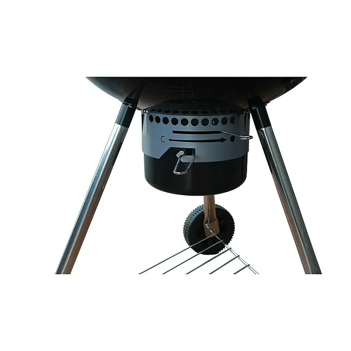 Kingstone Kugelgrill Bullet 66 - Durchmesser Grillfläche: 66 cm, Schwarz - Nahaufnahme eines schwarzen Kugelgrills mit silbernen Beinen, Lüftungsregler und einem Rad für einfachen Transport.