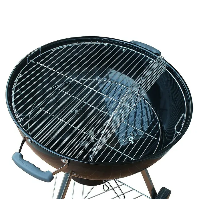 Kingstone Kugelgrill Bullet 66 - Durchmesser Grillfläche: 66 cm, Schwarz - Ein detailreiches Bild eines schwarzen Kugelgrills mit Grillrost, perfekt für sommerliche Grillabende im Freien.