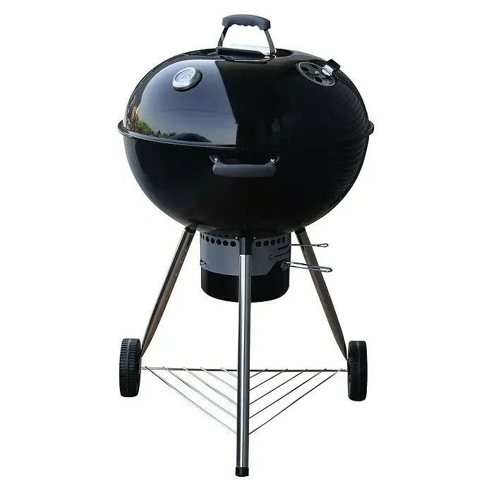 Kingstone Barbacoa redonda con tapa Bullet 66 - Diámetro de la superficie de la parrilla: 66 cm, Negro - Una barbacoa esférica negra con tapa, asa y ruedas para facilitar el transporte, ideal para barbacoas al aire libre.