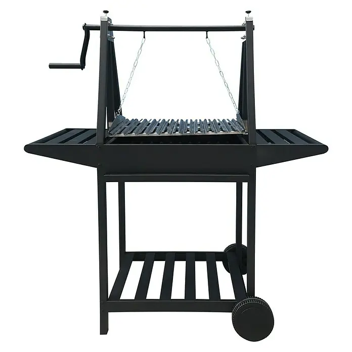 Grillstar Barbacoa de carbón Idaho - Superficie de la parrilla (An x Pr): 58,6 x 39,5 cm, Negro - Parrilla negra con rejilla y estantes laterales sobre una base móvil con estante inferior.