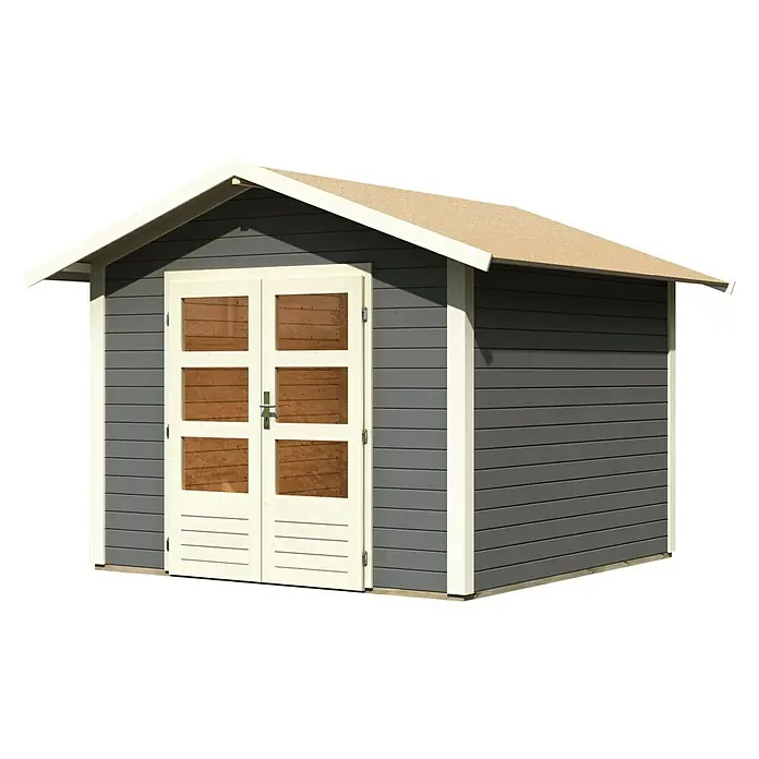 Karibu Gartenhaus Talkau 6 - Außenmaß inkl. Dachüberstand (B x T): 300 x 304 cm, Holz, Grau - Ein graues Gartenhaus mit weißen Verzierungen und einer Doppeltür. Das Haus bietet ausreichend Platz für Gartengeräte und -möbel.