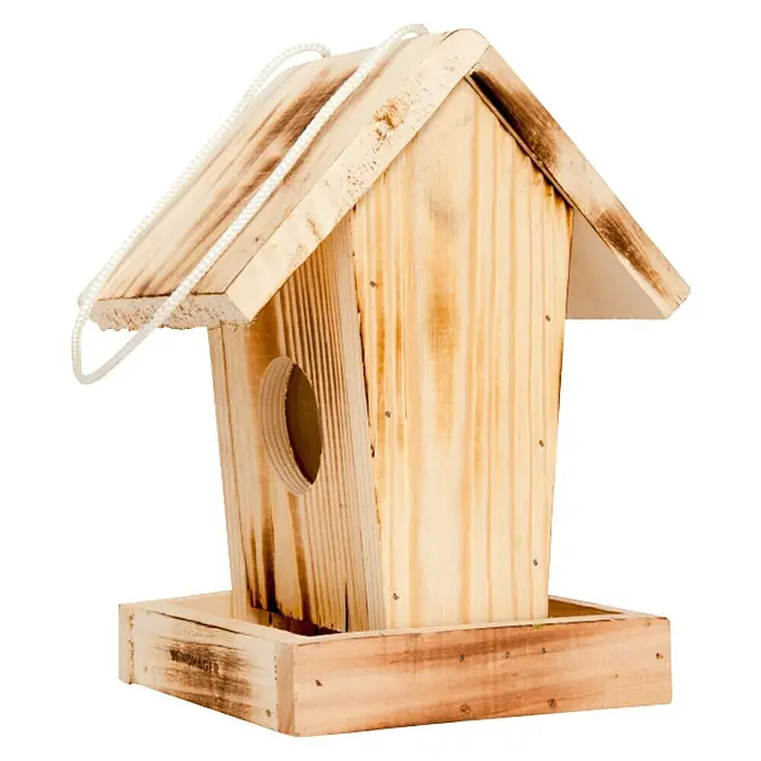 Windhager Vogelhaus - L x B x H: 18,5 x 14,5 x 23,5 cm, Natur, Geflammt, Holz - Ein hölzernes Vogelhaus mit einem Seil zum Aufhängen und einem kleinen Loch zum Einsteigen.