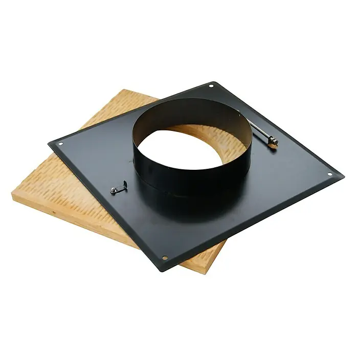 Aduro Übergangsstück - 24 x 24 cm, Schwarz - Produktansicht einer quadratischen Ofenrohr-Deckenblende mit schwarzem Anschlussstutzen und Befestigungsmaterial.