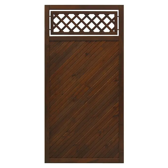 Andrewex Sichtschutzelement Toulon - 90 x 180 cm, Braun - Das Bild zeigt einen braunen Holzzaun mit diagonalen Brettern und einem Gittermuster oben. Der Zaun ist robust und verleiht dem Garten einen rustikalen Charme.