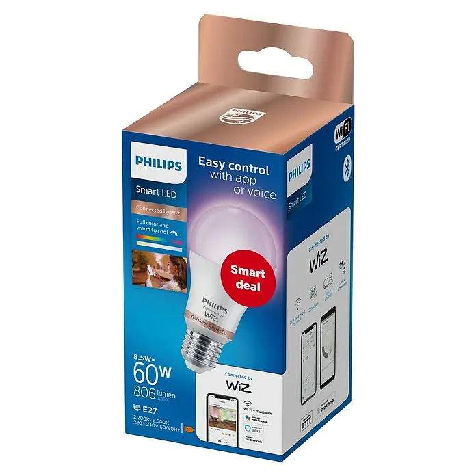 Philips Wiz Bombilla LED inteligente Full color - E27, RGBW, 806 lm, 8,5 W - Primer plano de la bombilla Philips Smart LED en su empaque, mostrando control inteligente y compatibilidad con dispositivos conectados a WiZ.
