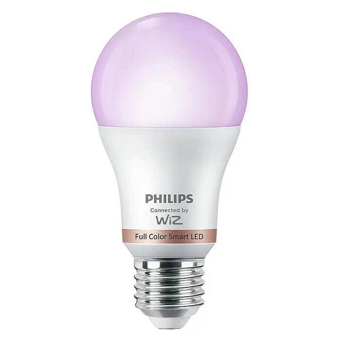 Philips Wiz Bombilla LED inteligente Full color - E27, RGBW, 806 lm, 8,5 W - Primer plano de una bombilla LED inteligente Philips Full Color, conectada por WiZ, que emite una luz púrpura, ideal para crear ambiente.