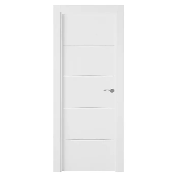Pack puerta de interior Haití - 62,5 x 203 cm, Izquierda, Blanco - Elegante puerta interior blanca con líneas horizontales y un tirador moderno. Ideal para espacios elegantes con un toque de minimalismo.