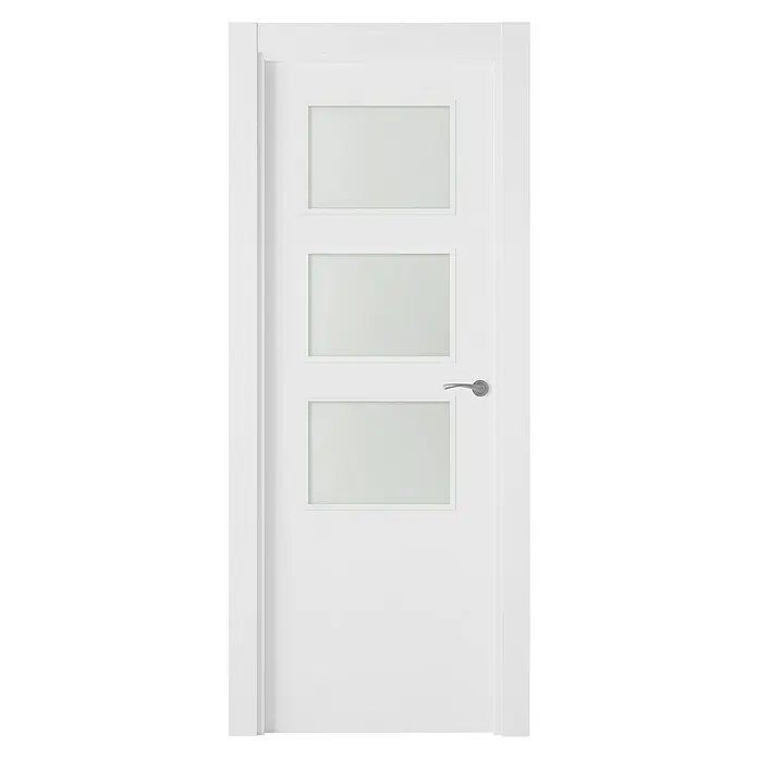 Pack puerta acristalada Barbados Evo - 82,5 x 203 cm, Izquierda, Blanco - Una puerta blanca moderna con tres inserciones de vidrio rectangulares y una manija plateada, combinando elegancia y funcionalidad.