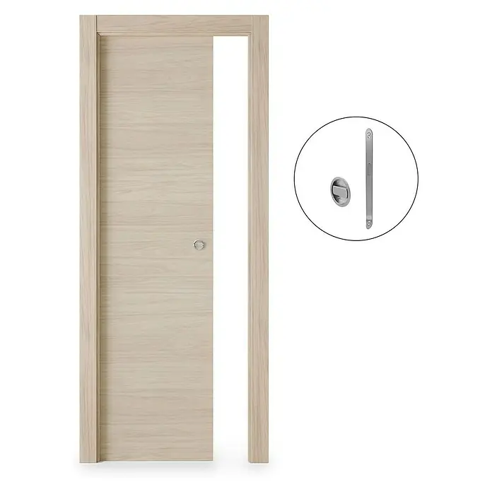 Puerta corredera de madera Arizona - 72,5 x 203 cm, Roble arena, Maciza, Con pico de loro - Puerta corredera moderna de madera clara con manija empotrada y juego de cerraduras adicional para mayor privacidad.