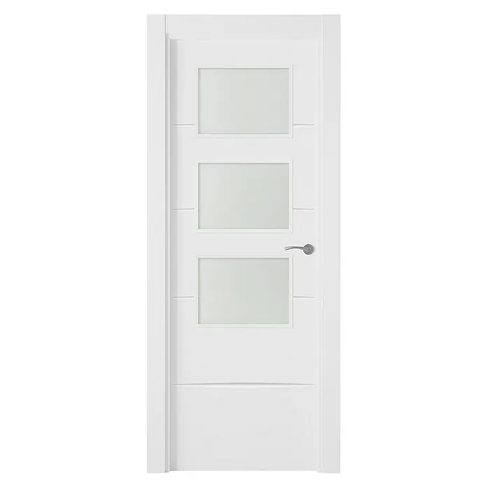 Pack puerta de interior Haití - 72,5 x 203 cm, Izquierda - Puerta interior blanca moderna con tres inserciones de vidrio rectangulares y un tirador simple para un hogar elegante.