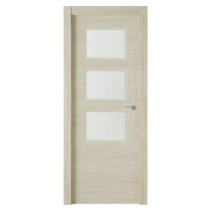 Pack puerta acristalada Arizona - 72,5 x 203 cm, Izquierda, Roble arena - Una puerta interior moderna con tres inserciones de vidrio rectangulares en un marco de madera clara, que combina elegancia y funcionalidad.