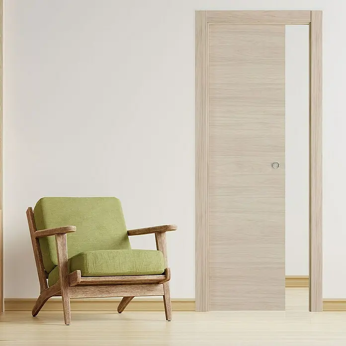Puerta corredera de madera Arizona - 72,5 x 203 cm, Roble arena, Maciza, Con uñero - Un diseño de puerta corredera de madera clara, que combina funcionalidad con estética en espacios modernos. Soluciones para ahorrar espacio.