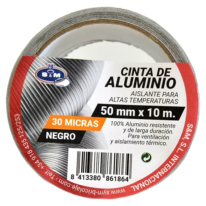 Cinta de aluminio - L x An: 10 m x 50 mm, Negro - Primer plano de un rollo de cinta de aluminio S&M, 50 mm x 10 m, aislante para altas temperaturas, ideal para ventilación y aislamiento térmico.