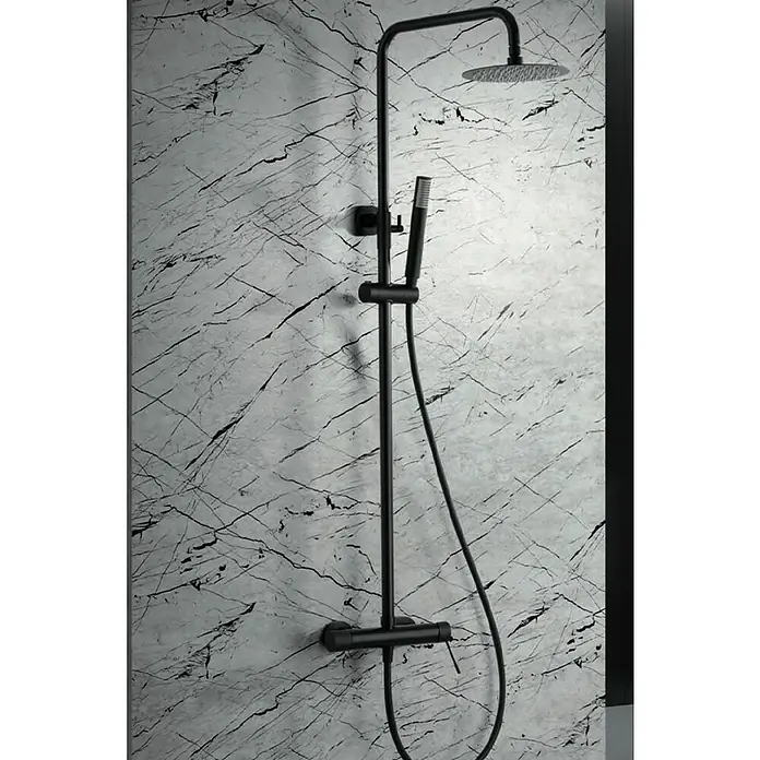 Imex Line Sistema de ducha - Con grifo termostático, Negro - Sistema de ducha negro con rociador y ducha de mano sobre pared de mármol. Diseño moderno para baños contemporáneos.
