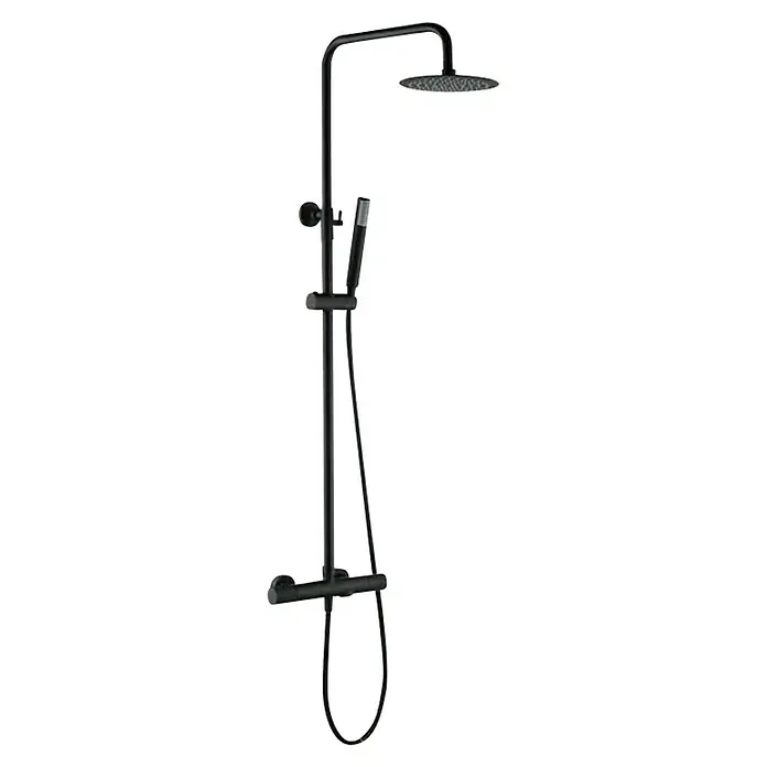 Imex Line Sistema de ducha - Con grifo termostático, Negro - En la imagen se muestra un sistema de ducha negro con rociador de lluvia y ducha de mano, prometiendo una experiencia de baño moderna.