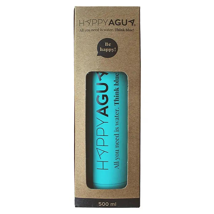Bb agua Botella térmica Happy Agua - Verde, Acero inoxidable - Imagen del producto: Una elegante botella de agua turquesa HAPPY AGU mostrada en su embalaje de cartón marrón, una opción sostenible.