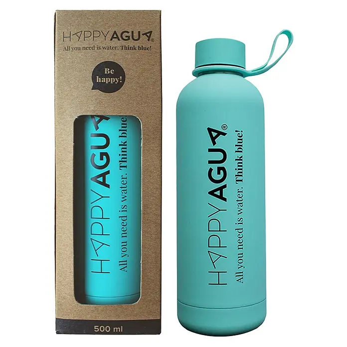 Bb agua Botella térmica Happy Agua - Verde, Acero inoxidable - Botella de agua azul claro HAPPYAGU y embalaje del producto, que muestra el eslogan "All you need is water. Think blue!".