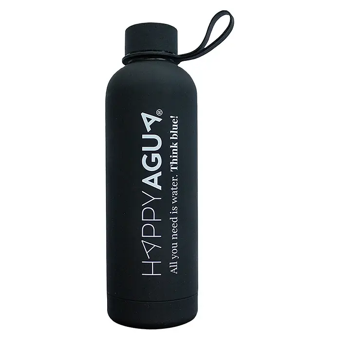 Bb agua Botella térmica Happy Agua - Negro, Acero inoxidable - Botella de agua Happy Agua negra con impresión blanca y correa de transporte negra. Ideal para personas activas y conscientes del medio ambiente.
