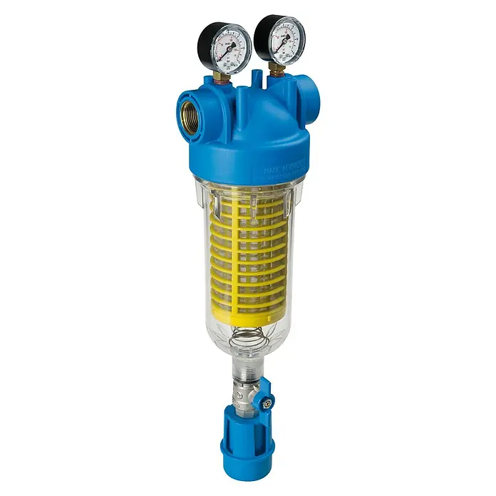 Bb agua Filtro de repuesto Hidra con manómetro - Amarillo - Imagen del producto de un filtro de agua azul con manómetros, ideal para sistemas de agua domésticos.