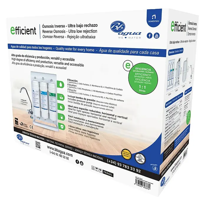 Bb agua Equipo de ósmosis inversa Efficient - Caudal: 288 l/día - Sistema de ósmosis inversa para el hogar con alta eficiencia y fácil instalación, que garantiza agua potable limpia y segura.