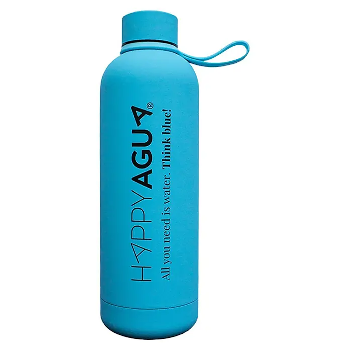 Bb agua Botella térmica Happy Agua - Azul, Acero inoxidable - Botella de agua azul Happy Agua con la leyenda "All you need is water. Think blue!", perfecta para hidratarse.