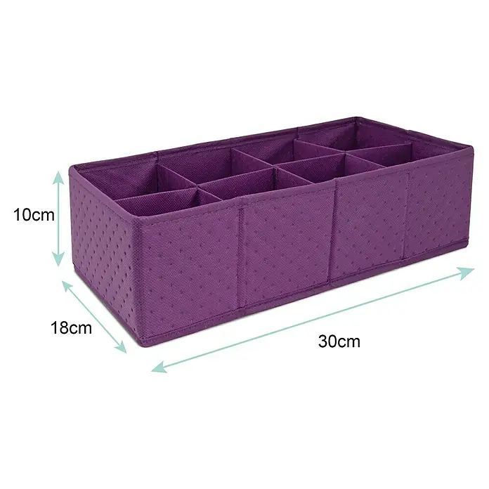 Organizador acolchado - 36 x 18 x 10 cm, Número de compartimentos: 8 ud., Lila - Caja de almacenamiento púrpura con múltiples compartimentos para organizar cajones, ideal para ropa, calcetines o accesorios. ¡Práctica y ahorra espacio!