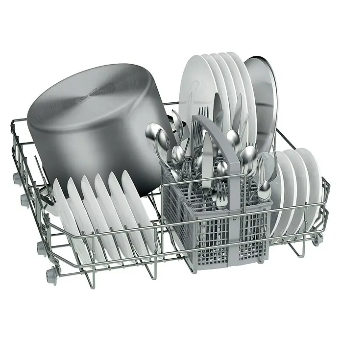 Bosch Lavavajillas libre instalación SMS25AW05E - Ancho: 60 cm, Número de cubiertos: 12 ud., Consumo de agua por uso: 9,5 l - Cesta del lavavajillas con ollas, platos y cubiertos, lista para una limpieza eficiente.