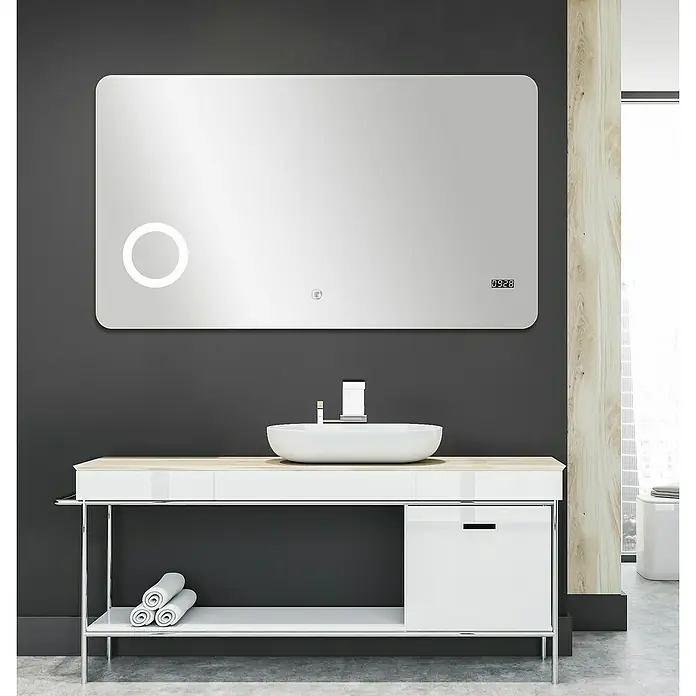 DSK Lichtspiegel Silver Shadow - 120 x 70 cm - Badezimmerwaschtisch mit Aufsatzwaschbecken und einem beleuchteten Spiegel mit Uhrzeit-Anzeige.