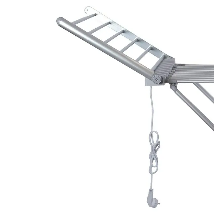 Fulmo Tendedero con alas eléctrico Fulmo - Longitud cuerda de tender: 15 m, L x An x Al: 146 x 55 x 74 cm, Plateado - Primer plano de un tendedero plateado con cuerdas para la ropa y un cable de alimentación blanco, sobre un fondo negro.